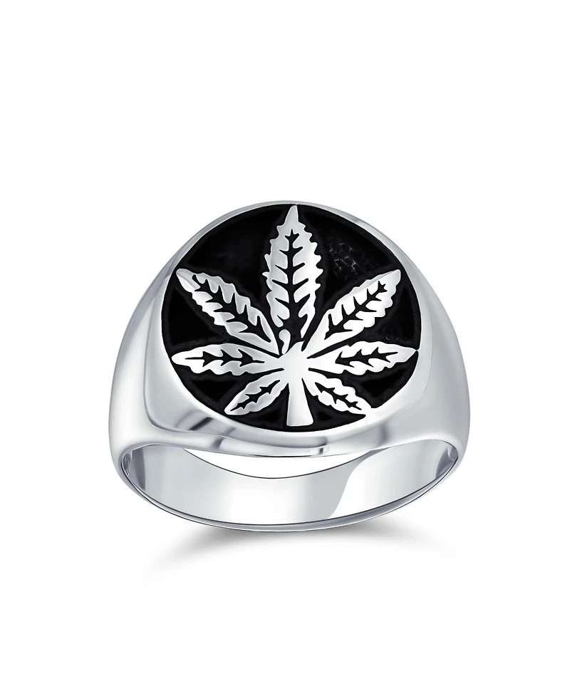Bling Jewelry Mens Statement Black Marijuana Leaf Medallion Round Signet Ring Sterling Silver