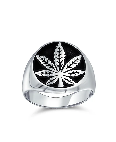 Bling Jewelry Mens Statement Black Marijuana Leaf Medallion Round Signet Ring Sterling Silver