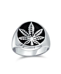Bling Jewelry Mens Statement Black Marijuana Leaf Medallion Round Signet Ring Sterling Silver