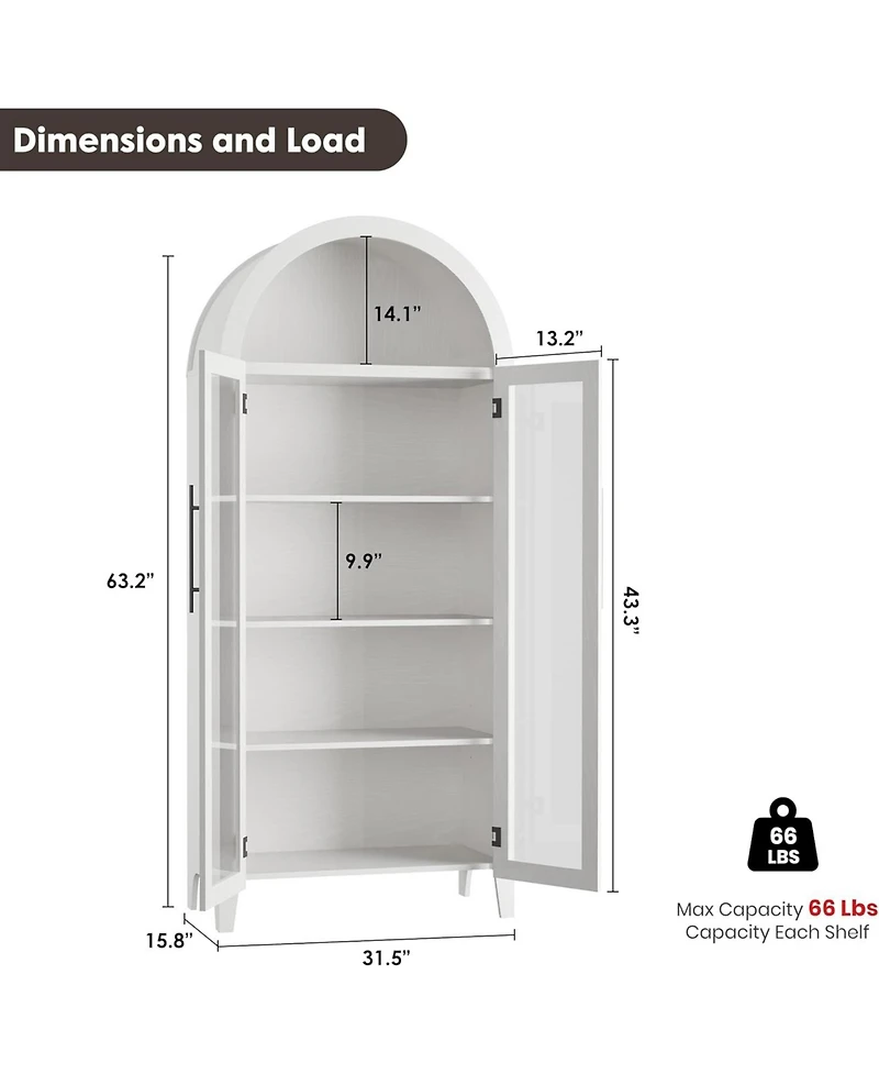 gaomon Arched Kitchen Pantry Cabinet, 5-Tier Open Shelf with Glass Doors, Farmhouse Storage for Kitchen & Dining