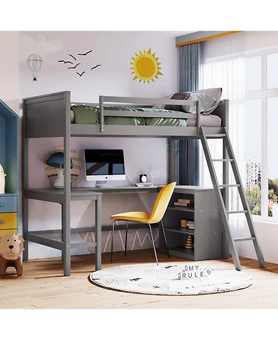 Streamdale Twin Size Loft Bed With Shelves And Desk, Wooden Loft Bed With Desk