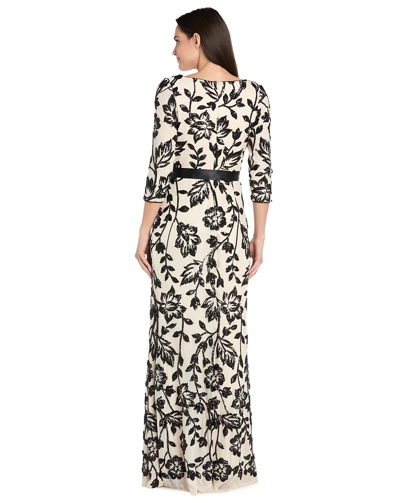 R & M Richards Petite Floral Sequin Beaded Scoop Neck Dress