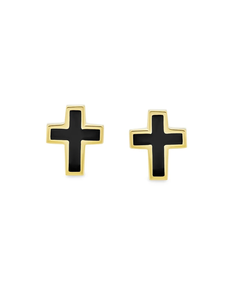 Bling Jewelry Tiny Religious Mini Cross Stud Earrings Two-tone Black Enamel 14K Gold Screwback