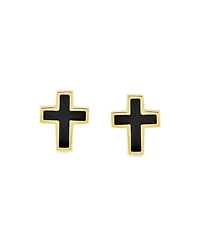 Bling Jewelry Tiny Religious Mini Cross Stud Earrings Two-tone Black Enamel 14K Gold Screwback