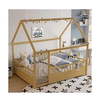 Cesicia Full Wooden Floor Bed with House Roof Frame & Fence Guardrails for Kids