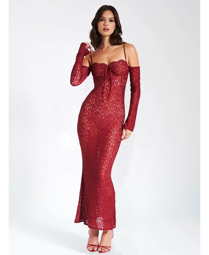 Miss Circle Women's Udaya Burgundy Lace Long Sleeve Maxi Dress