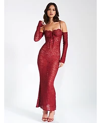 Miss Circle Women's Udaya Burgundy Lace Long Sleeve Maxi Dress