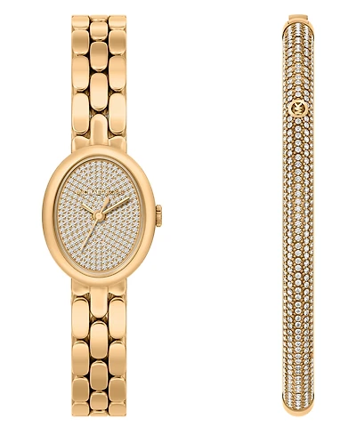 Michael Kors Women's Maude Three-Hand Gold-Tone Stainless Steel Watch and Bracelet Set, 21MM