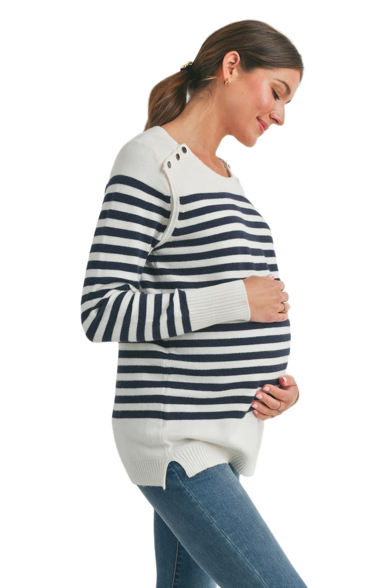 Hello Miz Maternity Striped Button Shoulder Nursing Sweater