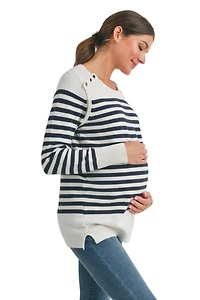 Hello Miz Maternity Striped Button Shoulder Nursing Sweater