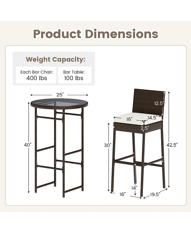 Slickblue Patio Metal Bar Table Set with 2 Barstools, 3 Pieces