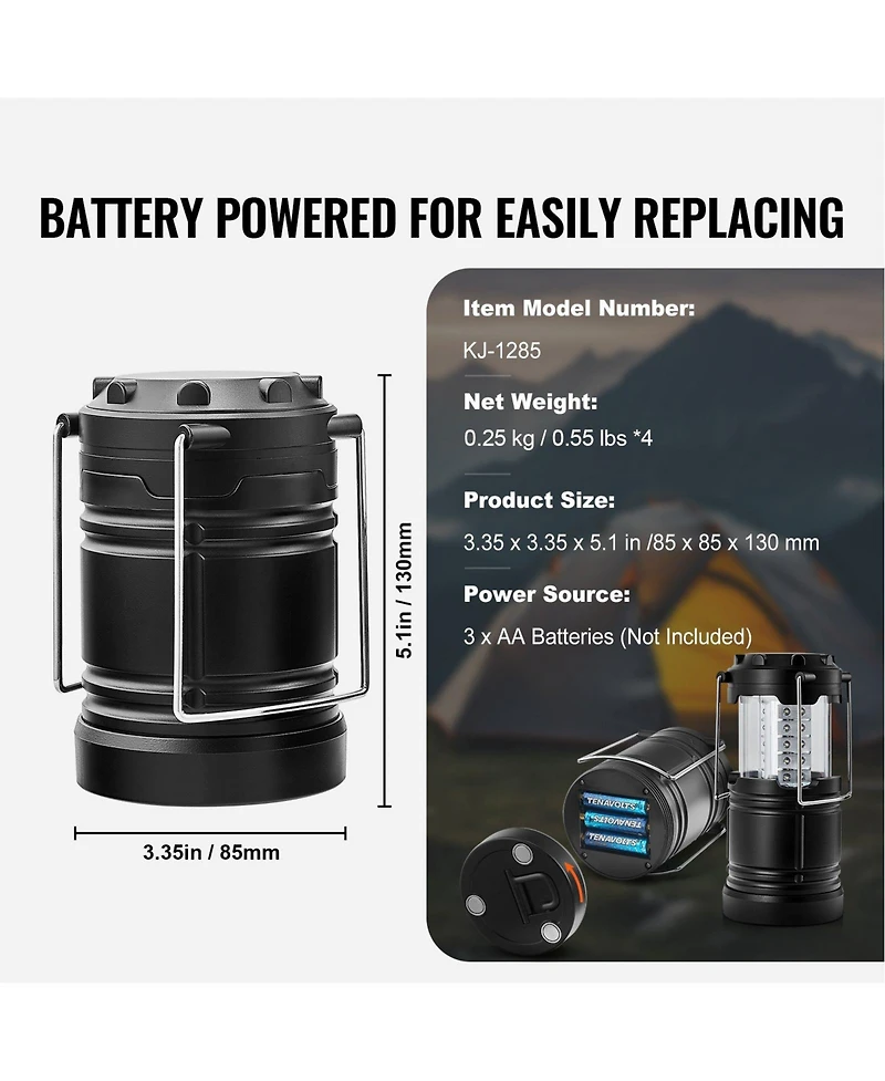 Mecale 4-Pack Led Camping Lanterns, Battery Powered, Magnetic Base, Collapsible Hanging Lights, Black