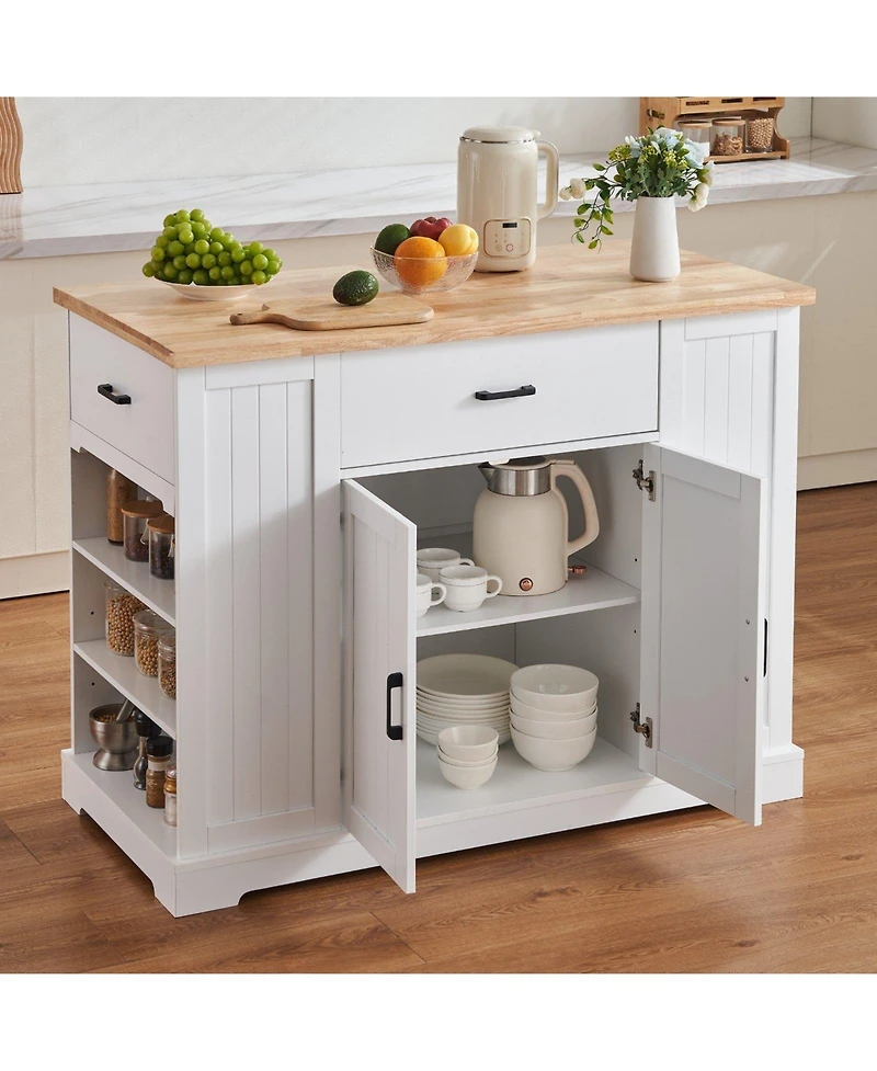 Volenca 46" Mdf, Rubberwood Kitchen Island Cart with Wood Top, Storage Cabinet, Adjustable Shelf, Drawer, Farmhouse Rolling Table