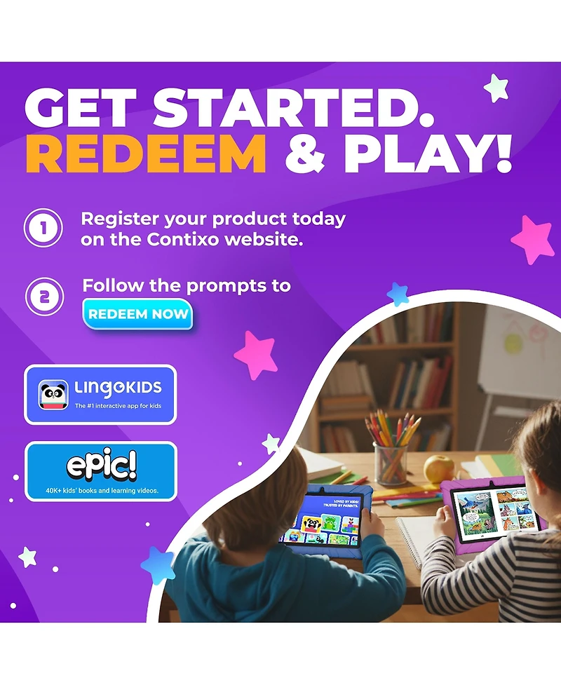 Contixo 7" Android Kids Tablet 32GB, Includes 50+ Disney Storybooks & Stickers, Protective Case with Kickstand, (2024 Model)