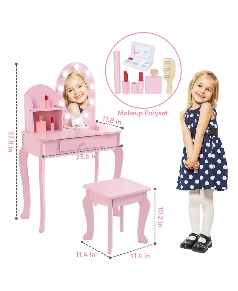 gaomon Girls' Vanity Set with Light and Mirror, Makeup Table Stool for Kids, Wood Dressup Playset 4-9