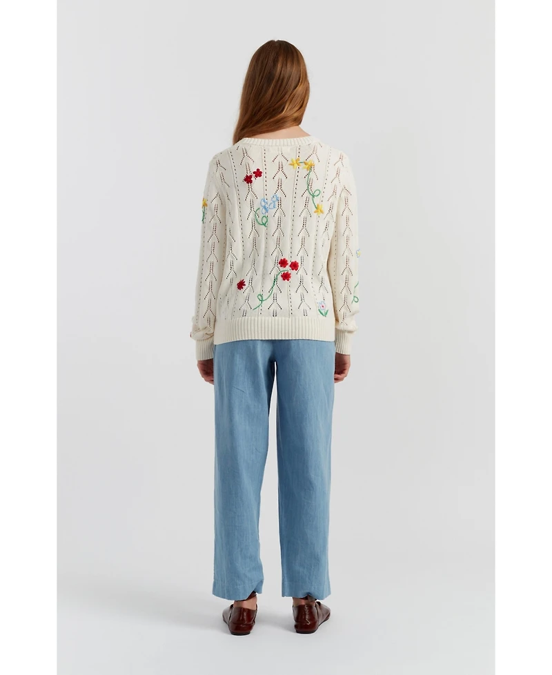 Chinti & Parker Women's Hand-Embroidered Floral Cotton Sweater