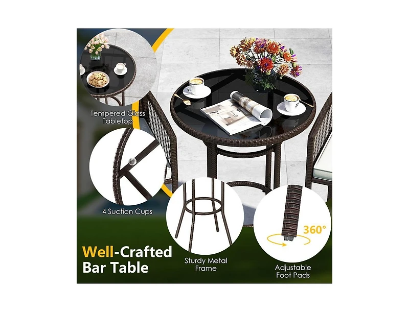 Slickblue Patio Wicker Bar Height Round Table Set with 2 Armchairs