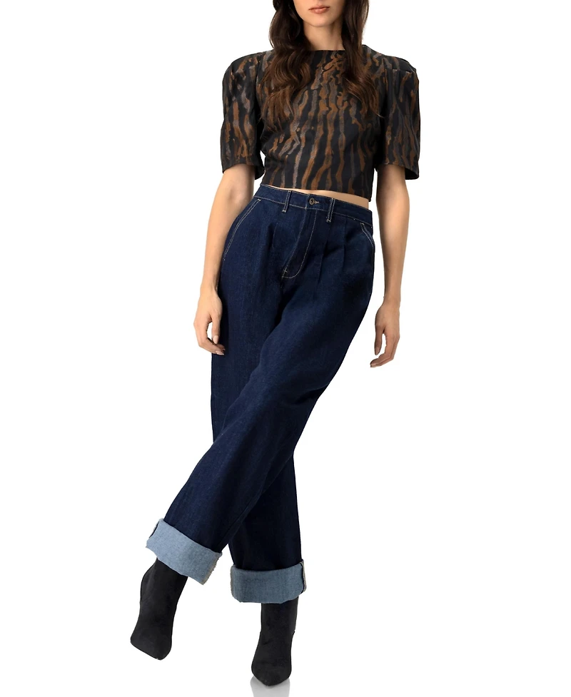 Ivonne Women's Short Puff Sleeve Jacquard Blouse