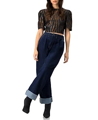 Ivonne Women's Short Puff Sleeve Jacquard Blouse