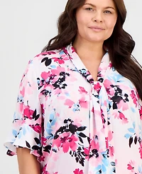 Kasper Plus Printed Short-Sleeve Tie-Neck Top
