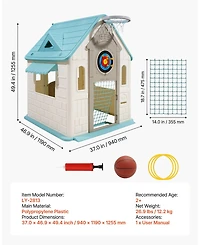 Mecale 5-in-1 Outdoor Playhouse Cottage, Pretend Play + Basketball, Darts, Soccer, Ring Toss, Door & Window, Ages 2
