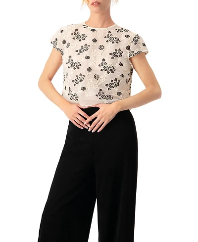 Ivonne Women's Floral Embroidered See-Though Crop Top