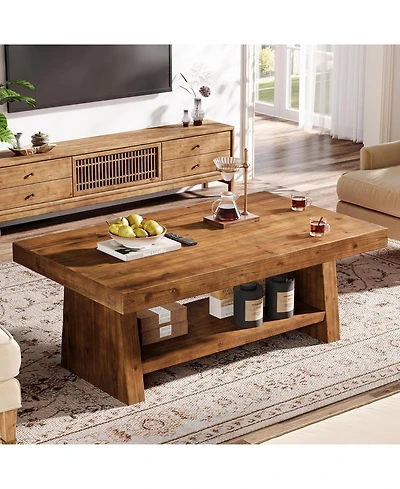 Tribesigns Solid Wood Coffee Table, 47-Inch Farmhouse Coffee Table with Storage, 2-Tier Rectangular Center Furniture, Natural Brown