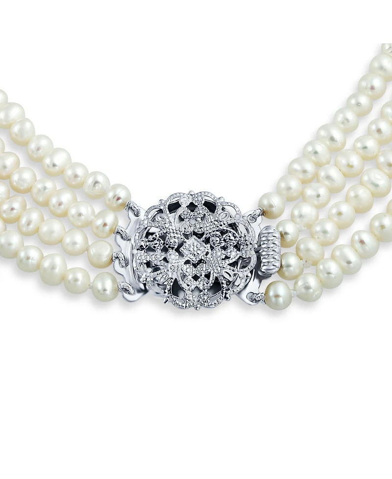 Bling Jewelry Art Deco Style White Freshwater Cultured Pearl Statement Multi Strand Necklace Floral Clasp