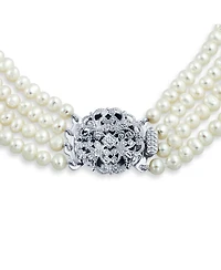 Bling Jewelry Art Deco Style White Freshwater Cultured Pearl Statement Multi Strand Necklace Floral Clasp