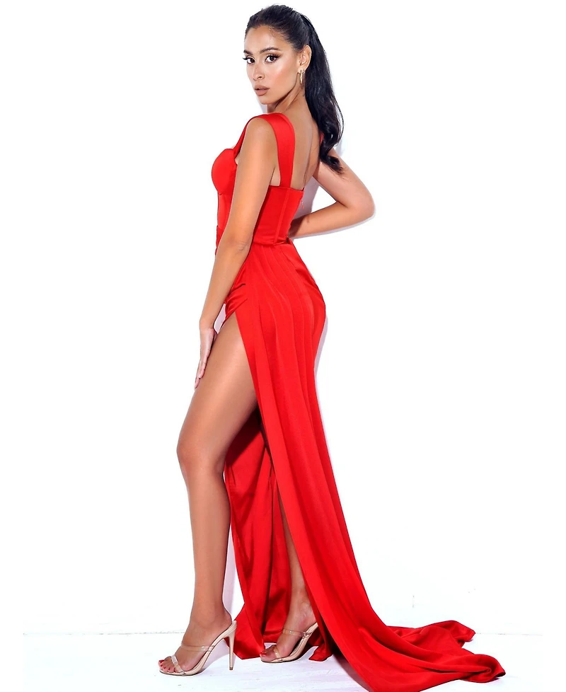 Miss Circle Women's Zayda Red High Slit Corset Satin Gown