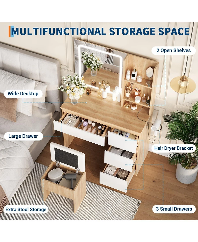 gaomon Makeup Vanity Desk with Lighted Mirror, Dressing Table Set 4 Drawers, Power Outlet, Storage Shelves