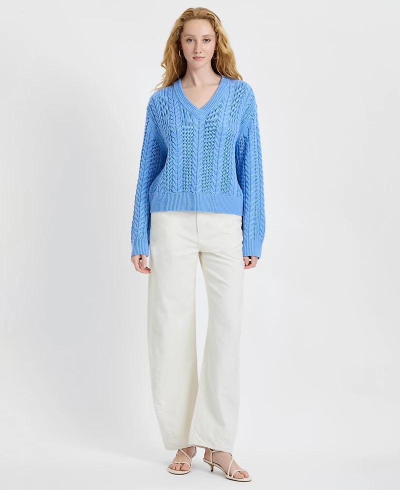 French Connection Women's Ryland Blue Cable Knit V-Neck Sweater