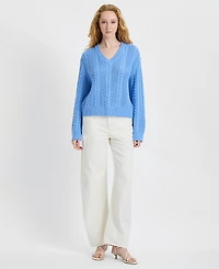 French Connection Women's Ryland Blue Cable Knit V-Neck Sweater