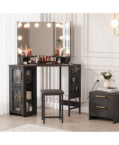 Gaomon Corner Vanity Desk Led Lighted Mirror Charging Station and Storage Cabinet for Bedrooms, Apartments