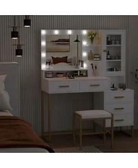 Gaomon Large Makeup Vanity Desk Mirror Led Lights Charging Station Stool Drawers and Storage Shelves for Bedrooms, Apartments