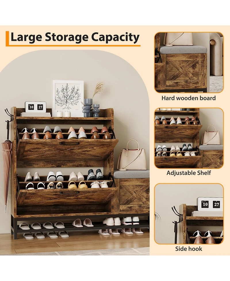 Gaomon 2-Drawer Flip Shoe Cabinet with Bench, Rustic Brown, Hidden Storage & Hooks for Entryway or Living Room.