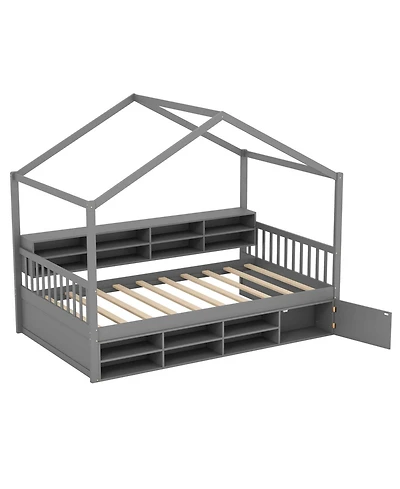Costway Twin Size House Bed Wooden Platform Bed Frame with Roof & 14 Storage Cubes