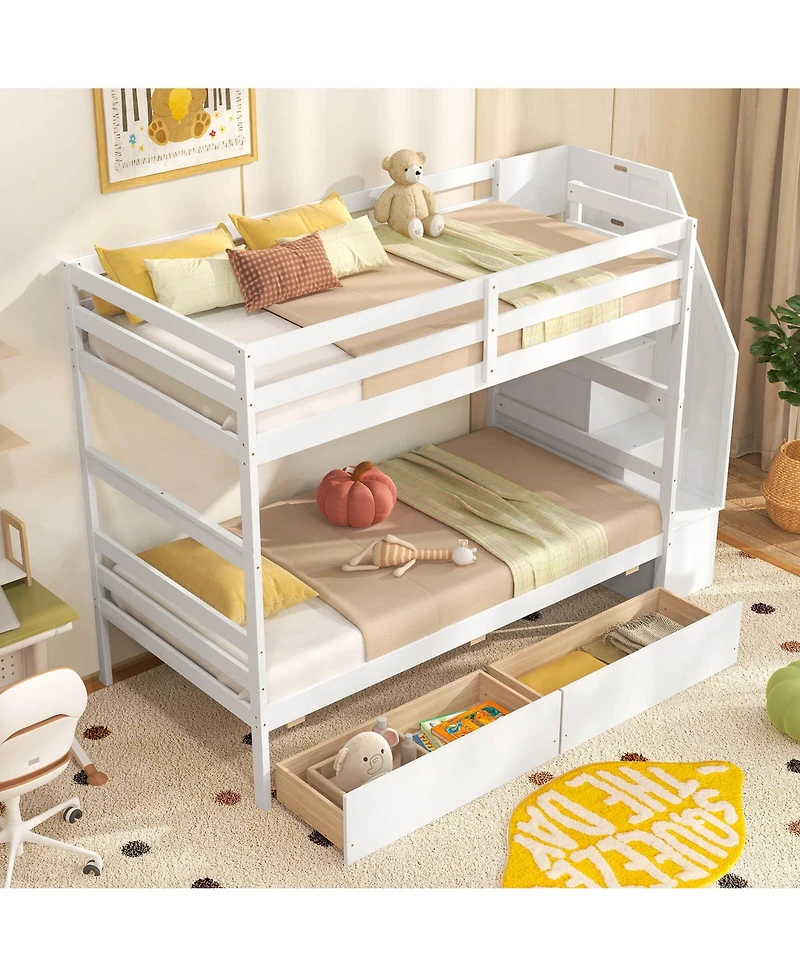Costway Twin Over Bunk Bed with Storage Stairs & Drawers Full-length Guardrails