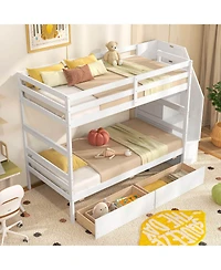 Costway Twin Over Bunk Bed with Storage Stairs & Drawers Full-length Guardrails