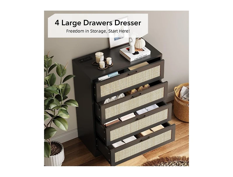 gaomon Rattan Dresser, Tall Chest of Drawers, Wood Dresser for Bedroom, Closet, Living Room