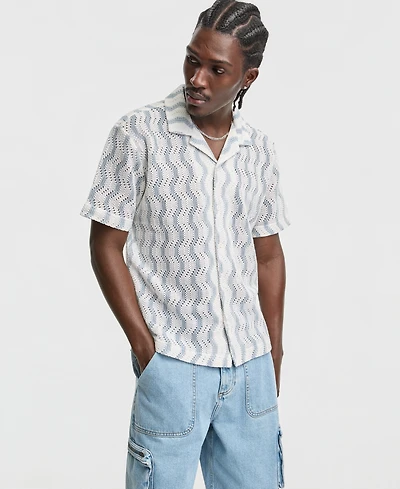 Mode of One Men's Short-Sleeve Relaxed Wave-Knit Camp-Collar Shirt, Macy's Exclusive