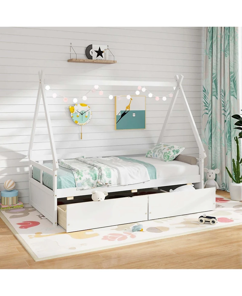 Costway Twin House Bed with Roof Safety Guardrail 2 Storage Drawers Wood Slat Support