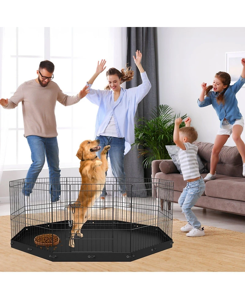 Dog Playpen, 8-Panel Foldable Metal Exercise Pen w/ Bottom Pad, 24 in H, Puppy Fence w/ Ground Stakes, Indoor/Outdoor