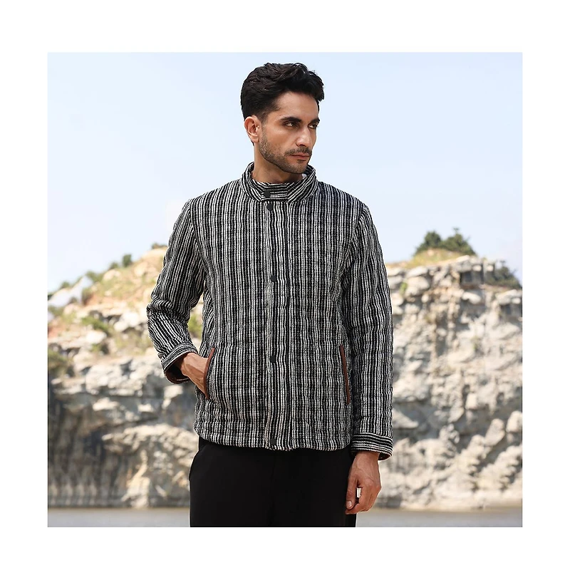 Campus Sutra Men's Midnight Black Woven-Striped Quilted Jacket