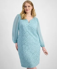 Connected Plus Sequin Lace Blouson-Sleeve Sheath Dress