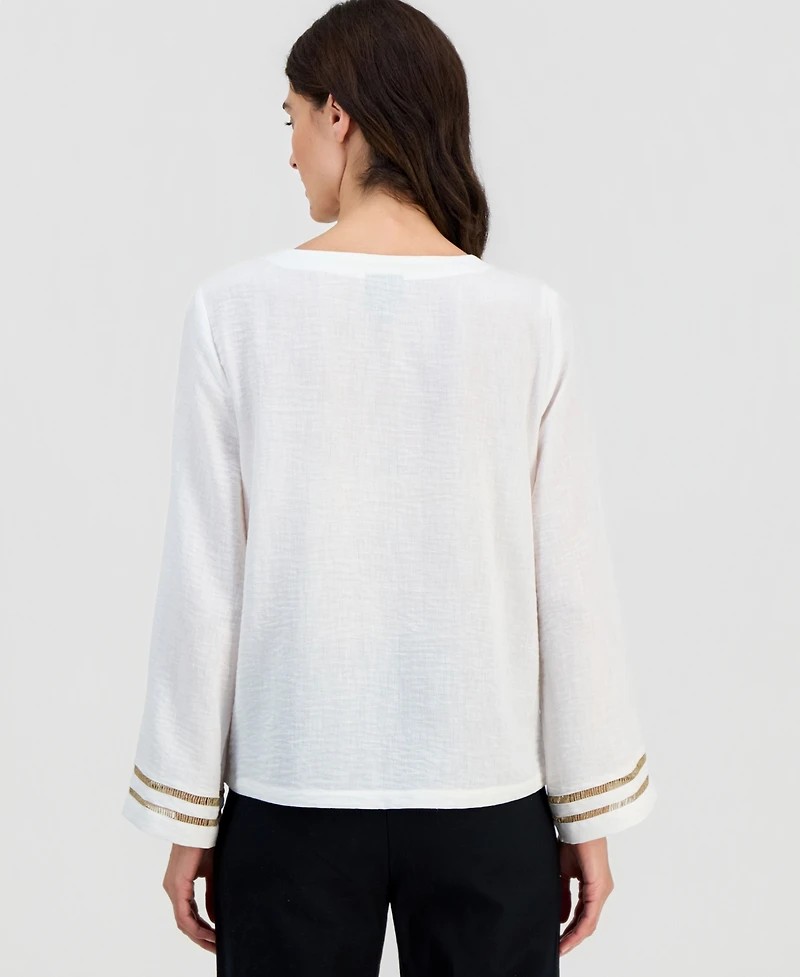 Jm Collection Women's Ladder-Trim Crinkle Gauze V-Neck Top, Macy's Exclusive