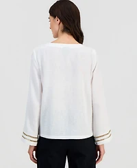 Jm Collection Women's Ladder-Trim Crinkle Gauze V-Neck Top, Macy's Exclusive