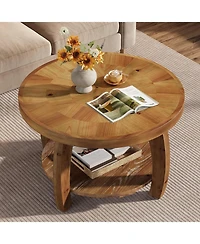 Tribesigns Solid Wood Round Coffee Table, 2-Tier Center Table with Storage, 31.5 Inch Wood Tabletop with Mosaic Pattern, Easy Assembly