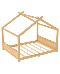 Streamdale Queen House Floor Bed with Solid Wood Frame for Kids, Natural