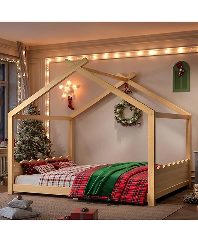 Streamdale Queen House Floor Bed with Solid Wood Frame for Kids, Natural